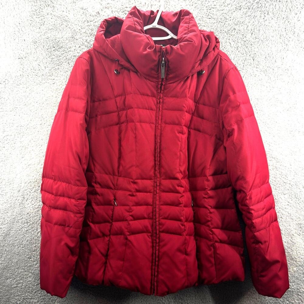 Calvin Klein Puffer Jacket Red Hooded Full-Zip Winter Coat Womens Large